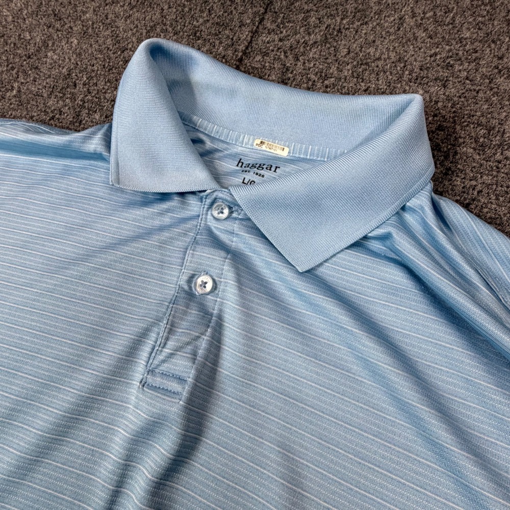 Haggar Mens Size L Large Blue Striped Short Sleeve Polo Shirt Performance Casual